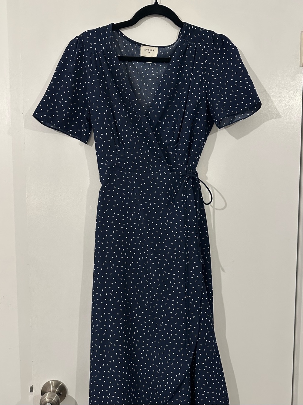 Everly Navy and White Polka Dot Wrap Midi Dress